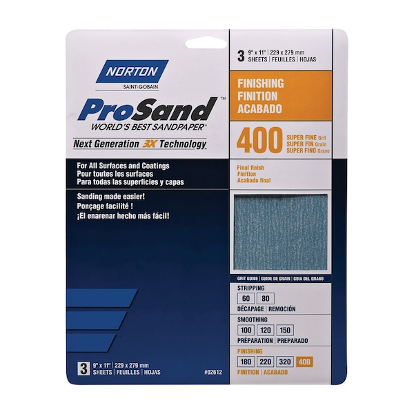 Norton Abrasives Norton ProSand 11 in. L X 9 in. W 400 Grit Aluminum Oxide Sandpaper 3 pk 7660768156 - main